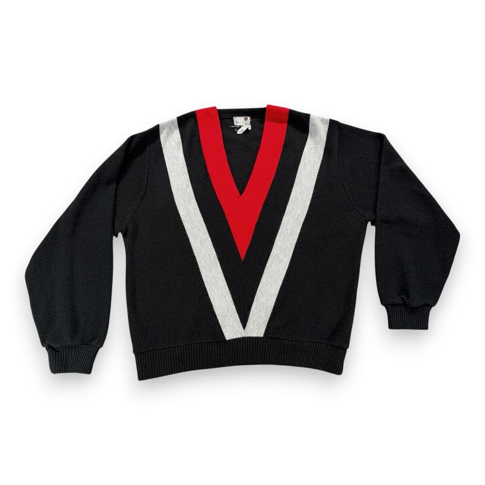 Vintage Aldens Sweater Adult LARGE Black Red V Stripe Chevron Mod Orlon USA 60s